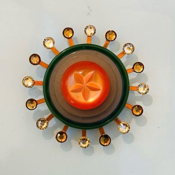 Upcycled Atomic Starburst Refrigerator Magnet Buttons Rhinestones 70’s Orange Gr - Picture 3 of 5